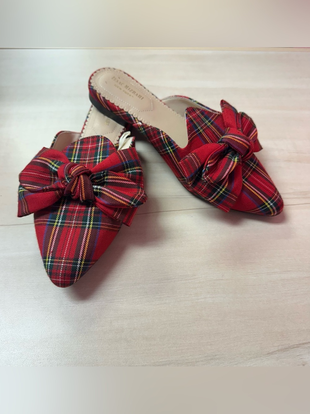 Isaac Mizrahi Red Plaid Bow Pointed-Toe Mules